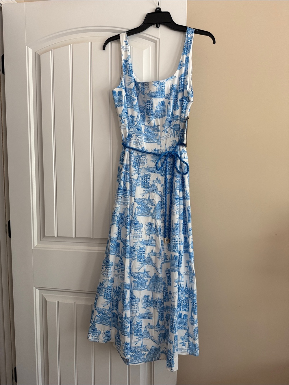 Karl Lagerfeld Paris Toile Print Midi Belted Dress Sz 8 Blue White Parisian NWT